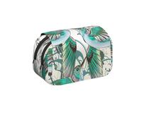 MKNAZ Teal Birds Musical Note Prints Flip Pencil Case - Double-Layer Large Capacity Pen Organizer with Dual Zippers - for Students, Artists & Travelers