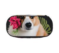 MKNAZ Tropical Flower and Corgi Printed Pencil Case & Makeup Pouch Oxford Fabric Stationery Pouch Unisex Pencil Box for School/Office/Travel