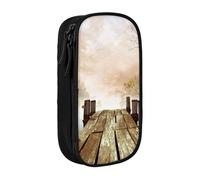 MKNAZ Wooden Bridge Lake Scene Printed Pencil Case Pen Bag Double-Layer Pen Pouch Organizer for Student Artists School Office College, Black