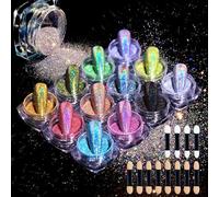 MKNZOME 12 Colors Nail Glitter, Chrome Holographic Nail Powder Ultra Fine Laser Chameleon Rainbow Blue Black Gold Silver Powder Set for Nail Art Tips Manicure Design Decoration