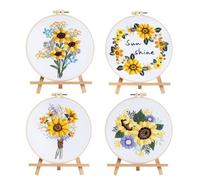 MKNZOME Embroidery Starter Kit for Beginners Adults, 4 Set Sunflower Cross Stitch Kits, Stamped Hand Embroidery Needlepoint Kit with 1 Bamboo Hoops, Fabric, Threads, Needles, Instructions