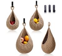 MKO SHUN Hanging Fruit Basket Set of 3, Boho Wall Hanging Storage Jute Basket for Organizing & Decor, Handmade Teardrop Hammock Holder for Onion Fruit Vegetable in Home & Restaurant Kitchen with Hooks