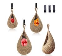 MKO SHUN Hanging Fruit Large Basket Set of 3, Boho Wall Hanging Storage Basket for Organizing, Handmade Teardrop Hammock Holder for Fruit Vegetable in Home & Restaurant Kitchen with Hooks,Light Linen