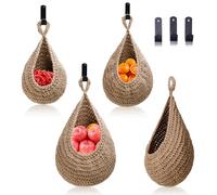 MKO SHUN Hanging Fruit Large Basket Set of 3, Boho Wall Hanging Storage Basket for Organizing, Handmade Teardrop Hammock Holder for Fruit Vegetable in Home & Restaurant Kitchen with Hooks, Linen