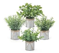 Mkono 4 Packs Small Fake Plants in Farmhouse Galvanized Pots Table Centerpiece Mini Potted Artificial Plants Faux Eucalyptus for Shelf Office Rustic Home Decor