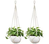 Mkono 43 Inch Macrame Plant Hanger Large for up to 12 Inch Pot Extra Long Hanging Plant Holder No Tassels Hanging Planter Basket with Wood Beads for Indoor Outdoor Boho Home Decor, Ivory, Set of 2