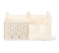 Mkono Bedside Caddy Hanging Organizer, Bunk Woven 7 Pockets Bed Storage Bag Boho Remote Magazine Books Holder with Macrame for Loft Bed College Dorm Bedroom Baby Bed Rails, Ivory