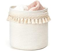 Mkono Macrame Decorative Cotton Rope Basket Boho Nursery Decor Small Cute Woven Tassel Closet Storage Bins Organizer for Baby Toys,Magazines, Potted Plants Cover,Living Room,Bedroom, 11"x11"