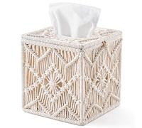 Mkono Macrame Tissue Box Cover Boho Square Paper Facial Tissue Holder with Bead Buckle Napkin Organizer Home Decor for Bathroom Bedroom Dresser Living Room Night Stands Office