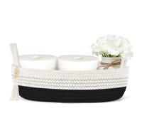 Mkono Small Storage Basket for Toilet Tank Top Boho Bathroom Decor Woven Rope Toilet Paper Tray Organizer for Shelf Bedroom Living Room, Black and White, 1 Pack, 13" L x 6" W