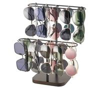 Mkono Sunglasses Organizer Glasses Holder Stand for 24 Pairs of Eyewear, 2 Tier Sunglass Storage Eyeglasses Display Rack Metal Frame with Wood Base for Table Desk Countertop (Brown and Black)