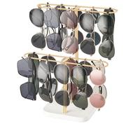 Mkono Sunglasses Organizer Glasses Holder Stand for 24 Pairs of Eyewear, 2 Tier Sunglass Storage Eyeglasses Display Rack Metal Frame with Wood Base for Table Desk Countertop (Gold)