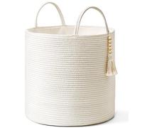 Mkono Tall Laundry Basket Woven Decorative Rope Storage Basket Wooden Bead Decoration for Blankets Toys Clothes Shoes Organizer Bin with Handles Living Room Home Decor, 15" W x 17.7" L, White