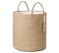 Mkono Tall Wicker Laundry Basket Woven Storage Basket Decorative Natural Rope Basket Wooden Bead Decoration for Blankets,Toys,Clothes,Shoes,Plant Organizer Bin with Handles Living Room 15"Wx17.7"L