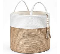 Mkono Woven Storage Basket Decorative Natural Rope Basket Wooden Bead Decoration for Blankets,Toys,Clothes,Shoes,Plant Organizer Bin with Handles Living Room Home Decor, 16"x13",White and Yellow
