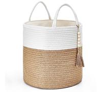 Mkono Woven Storage Basket Decorative Rope Basket Wooden Bead Decoration for Blankets,Toys,Clothes,Shoes,Plant Organizer Bin with Handles Living Room Home Decor, 11" W x 11"L,White and Yellow