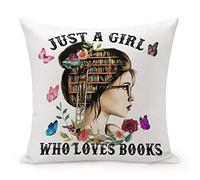 MKONY Just A Girl Who Loves Books Pillow Cover, Book Lover Gifts Decorative Throw Pillow Cover Linen Cushion Cover 18 X 18 Inches