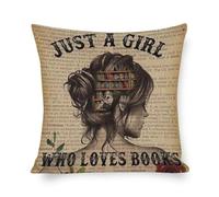 MKONY Just A Girl Who Loves Books Pillow Cover, Book Lover Gifts Decorative Throw Pillow Cover Linen Cushion Cover 18 X 18 Inches