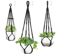 Mkouo Set of 3 Macrame Hanging Baskets, Plant Hangers, Indoor Plant Basket, Hanging Flower Pot Holder, Cotton Rope with Beads without Tassels, 58 cm/73 cm/89 cm, Black