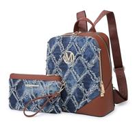 MKP Women Fashion Double Zipper Medium Backpack Purse PU Leather Ladies Travel Shoulder Bag Set 2Pcs, Denim Blue, 10.5"L x 5"W x 12"H, Compact