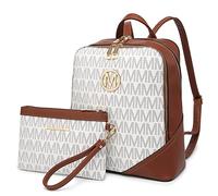 MKP Women Fashion Double Zipper Medium Backpack Purse PU Leather Ladies Travel Shoulder Bag Set 2Pcs, White, Rucksack Backpacks