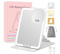 MKUMIR Rechargeable Travel Makeup Mirror with 15X Magnifying,Folding Lighted Cosmetic Tabletop Mirror with Adjustable Stand,3 Color Lighting,Dimmable Touch