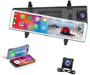 MKVAXR Mirror Dash Cam Wireless Carplay, for Android Auto 11.26 Touch Screen Rear View Backup Camera Front and Dual Cameras Voice Control Loop car mirror control switch button, vehicle side mir
