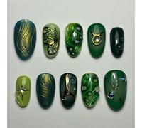 Mkwntg 30 Pcs Medium Almond Green Fake Nails with 3D Gold Beads Design Rhinestones Gold Line Butterfly Wave Acrylic Fake Nails Marble Effect Full Cover