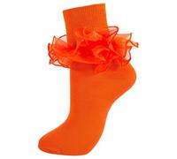 MKYSZLT Women Big Ruffle Ankle Socks Adult Double Lace Frilly Socks Fold Cuff Cotton Ruffled Dress Crew Bobby Bride Sock, Orange, 8-10 UK