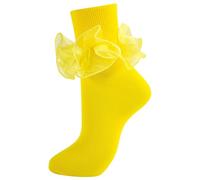 MKYSZLT Women Big Ruffle Ankle Socks Adult Double Lace Frilly Socks Fold Cuff Cotton Ruffled Dress Crew Bobby Bride Sock, Yellow, 4.5-8 UK