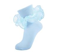 MKYSZLT Women Big Ruffle Ankle Socks Adult Double Lace Frilly Socks Fold Cuff Cotton Ruffled Dress Crew Bobby Bride Sock, Light Blue - 1 Pair, 8-10 UK