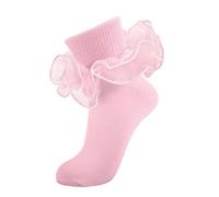 MKYSZLT Women Big Ruffle Ankle Socks Adult Double Lace Frilly Socks Fold Cuff Cotton Ruffled Dress Crew Bobby Bride Sock, Pink - 1 Pair, 8-10 UK