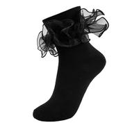 MKYSZLT Women Big Ruffle Ankle Socks Adult Double Lace Frilly Socks Fold Cuff Cotton Ruffled Dress Crew Bobby Bride Sock, Black - 1 Pair, 4.5-8 UK