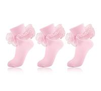 MKYSZLT Women Big Ruffle Ankle Socks,Adult Double Lace Turn Cuff Cotton Frilly Dress Socks Cute Bobby Sock with Ruffles, Pink - 3 Pairs, One size