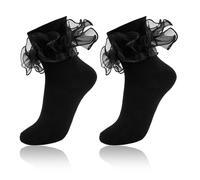 MKYSZLT Women Big Ruffle Ankle Socks,Adult Double Lace Turn Cuff Cotton Frilly Dress Socks Cute Bobby Sock with Ruffles, Black - 2 Pairs, One size