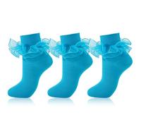 MKYSZLT Women Big Ruffle Ankle Socks,Adult Double Lace Turn Cuff Cotton Frilly Dress Socks Cute Bobby Sock, Aquamarine - 3 Pairs, 8-10 UK