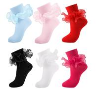 MKYSZLT Women Big Ruffle Ankle Socks,Adult Double Lace Turn Cuff Cotton Frilly Dress Socks Cute Bobby Sock with Ruffles, 6 Pairs - White,black,red,pink,light Blue,hot Pink, One size