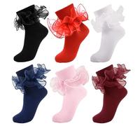 MKYSZLT Women Big Ruffle Ankle Socks,Adult Double Lace Turn Cuff Cotton Frilly Dress Socks Cute Bobby Sock, 6 Pairs - Black,white,red,pink,burgundy,navy Blue, 8-10 UK