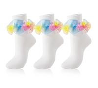 MKYSZLT Women Big Ruffle Ankle Socks,Adult Double Lace Turn Cuff Cotton Frilly Dress Socks Cute Bobby Sock with Ruffles, Rainbow - 3 Pairs, One size