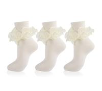 MKYSZLT Women Big Ruffle Ankle Socks,Adult Double Lace Turn Cuff Cotton Frilly Dress Socks Cute Bobby Sock with Ruffles, Cream - 3 Pairs, One size