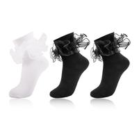 MKYSZLT Women Big Ruffle Ankle Socks,Adult Double Lace Turn Cuff Cotton Frilly Dress Socks Cute Bobby Sock, 1*white + 2*black, 8-10 UK