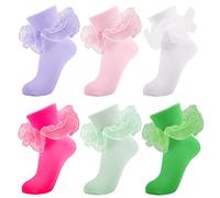 MKYSZLT Women Big Ruffle Ankle Socks,Adult Double Lace Turn Cuff Cotton Frilly Dress Socks Cute Bobby Sock with Ruffles, 6 Pairs - Hot Pink,green,purple,light Green,pink,white, One size