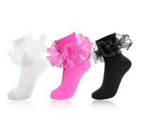 MKYSZLT Women Big Ruffle Ankle Socks,Adult Double Lace Turn Cuff Cotton Frilly Dress Socks Cute Bobby Sock with Ruffles, White + Hot Pink + Black, One size