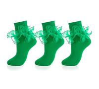 MKYSZLT Women Big Ruffle Ankle Socks,Adult Double Lace Turn Cuff Cotton Frilly Dress Socks Cute Bobby Sock with Ruffles, Emerald - 3 Pairs, One size