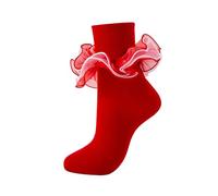 MKYSZLT Women Big Ruffle Ankle Socks Adult Fluffy 4-Layer Lace Frilly Socks Fold Cuff Cotton Fancy Ruffled Dress Bobby Sock, Red - 1 Pair, 8-10 UK