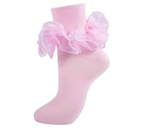 MKYSZLT Women Big Ruffle Ankle Socks Adult Fluffy 4-Layer Lace Frilly Socks Fold Cuff Cotton Fancy Ruffled Dress Bobby Sock, Pink - 1 Pair, 4.5-8 UK