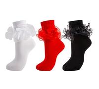 MKYSZLT Women Big Ruffle Ankle Socks Double Lace Frilly Dress Socks with Bow Cute Crew Turn Cuff 80s Fancy Bobby Bride Sock, 3 Pairs - White, Red, Black, One size