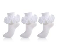 MKYSZLT Women Big Ruffle Socks Adult 4-Layer Lace Frilly Ankle Socks Fold Cuff Cotton Ruffled Dress Crew Bobby Fancy Sock, White - 3 Pairs, 8-10 UK