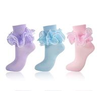 MKYSZLT Women Big Ruffle Socks Adult 4-Layer Lace Frilly Ankle Socks Fold Cuff Cotton Ruffled Dress Crew Bobby Fancy Sock, 3 Pairs - Purple, Blue, Pink, 8-10 UK