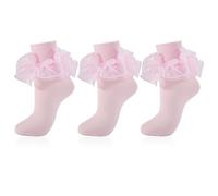 MKYSZLT Women Big Ruffle Socks Adult 4-Layer Lace Frilly Ankle Socks Fold Cuff Cotton Ruffled Dress Crew Bobby Fancy Sock, Pink - 3 Pairs, 8-10 UK
